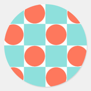 Coral and Aqua Circle Chequerboard Classic Round Sticker