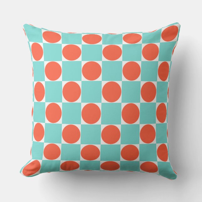 Coral and Aqua Circle Chequerboard Cushion (Front)