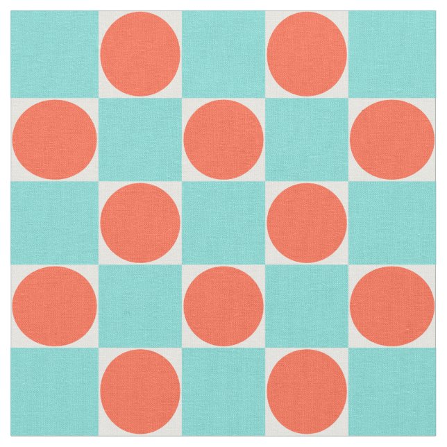 Coral and Aqua Circle Chequerboard Fabric (Close Up)