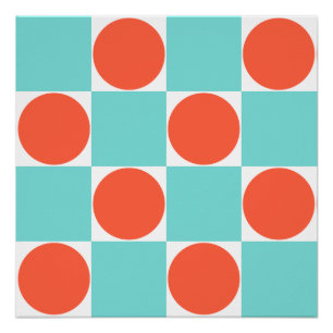 Coral and Aqua Circle Chequerboard Poster