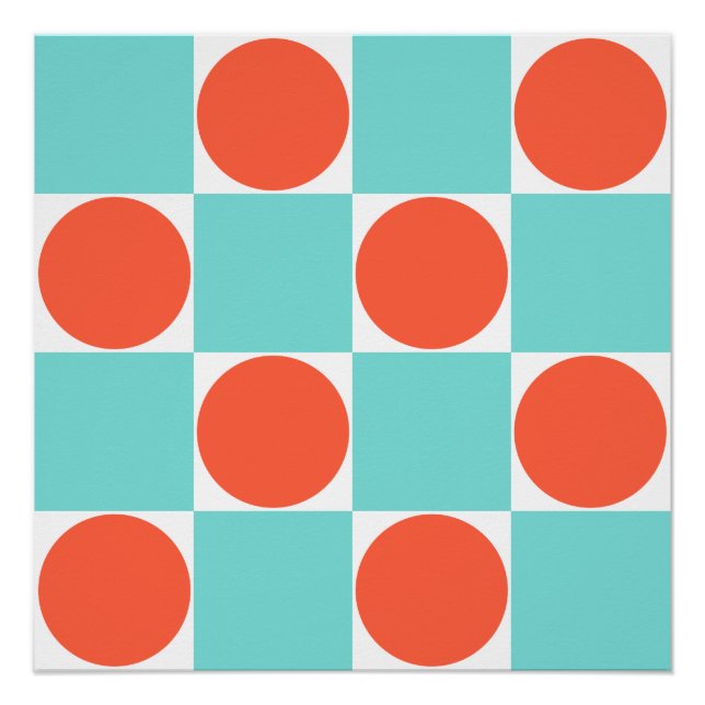 Coral and Aqua Circle Chequerboard Poster (Front)