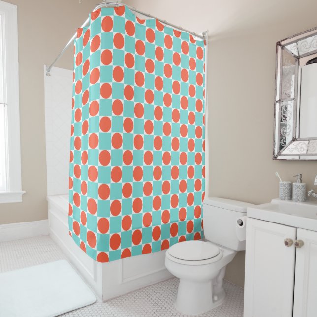 Coral and Aqua Circle Chequerboard Shower Curtain (In Situ)