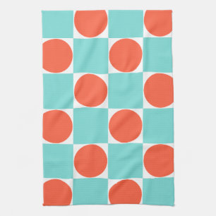 Coral and Aqua Circle Chequerboard Tea Towel