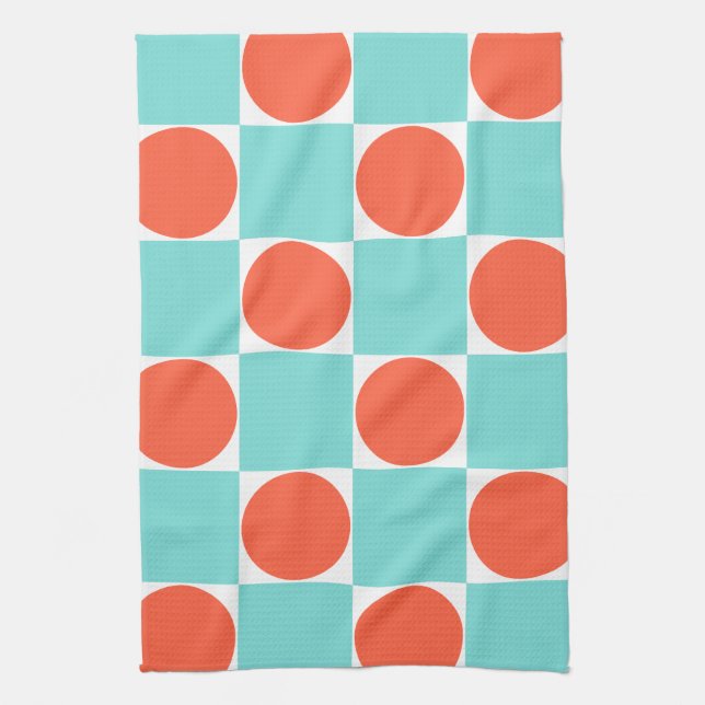 Coral and Aqua Circle Chequerboard Tea Towel (Vertical)