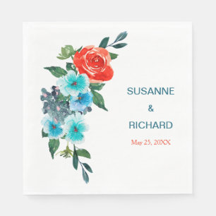 Coral and Aqua Floral Wedding Napkin