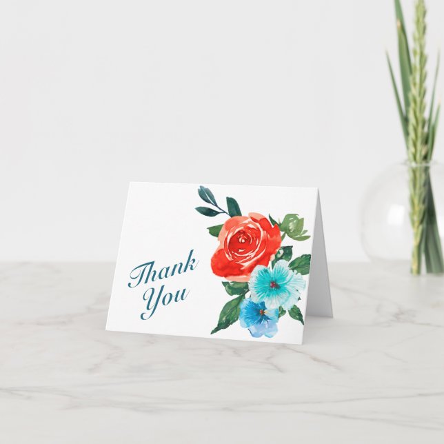 Coral and Aqua Floral Wedding Thank You Card (Front)