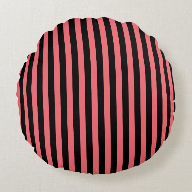 Coral and black candy stripes round cushion (Front)