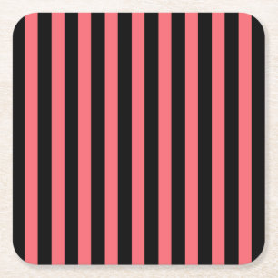 Coral and black candy stripes square paper coaster