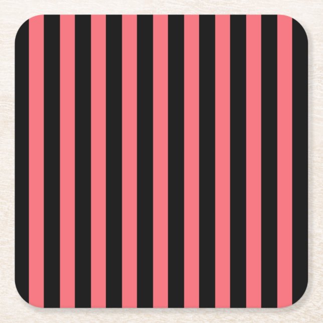 Coral and black candy stripes square paper coaster (Front)