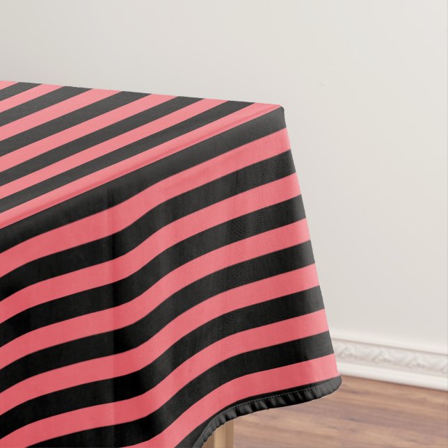 Coral and black candy stripes tablecloth (In Situ)