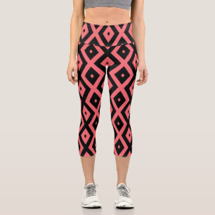 Coral and black diamond pattern capri leggings