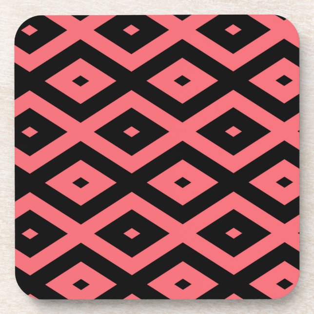 Coral and black diamond pattern coaster (Front)