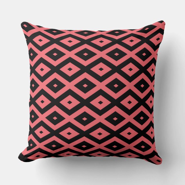 Coral and black diamond pattern cushion (Front)