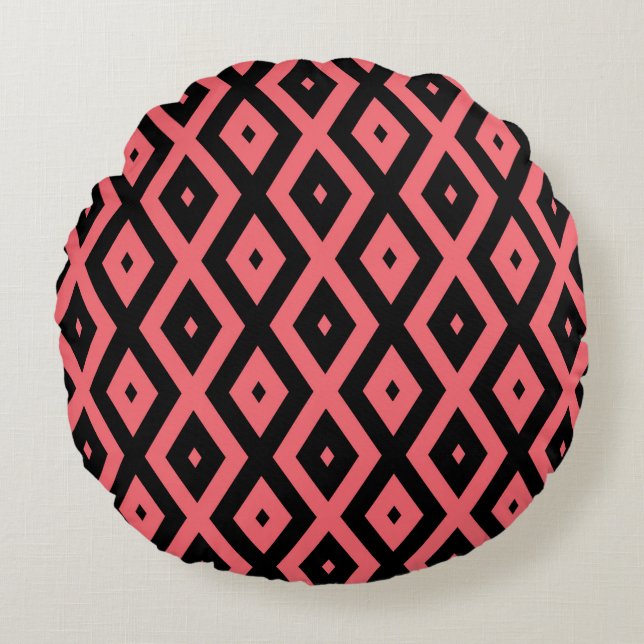 Coral and black diamond pattern round cushion (Front)