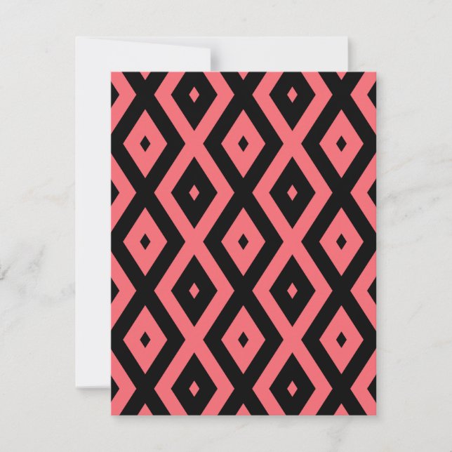 Coral and black diamond pattern RSVP card (Front)