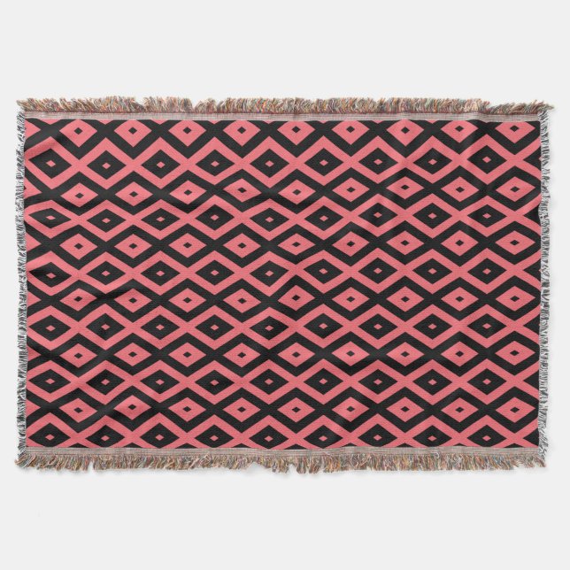Coral and black diamond pattern throw blanket (Front)