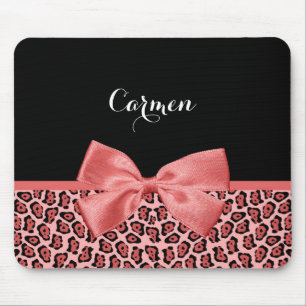 Coral and Black Jaguar Print Cute Bow With Name Mouse Pad