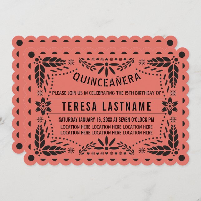 Coral and black papel picado Quinceañera Invitation (Front/Back)