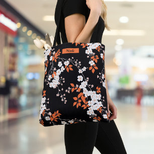 Coral and Black personalised Floral Tote Bag
