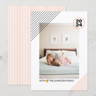 Coral and black stripes New Years 2021 gold photo Holiday Card