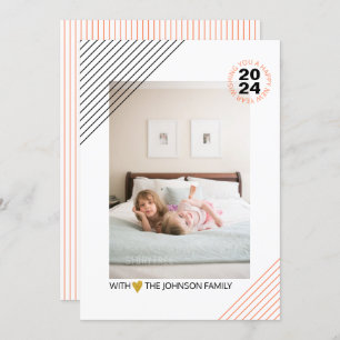 Coral and black stripes New Years 2024 gold photo Holiday Card