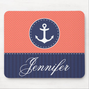 Coral and Blue Anchor Design Customisable Name Mouse Pad