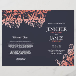 Coral and Blue Blooming Elegance Wedding Programs