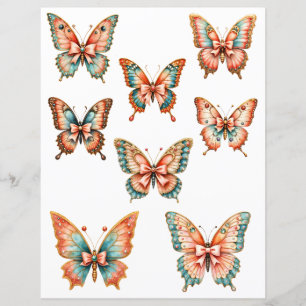 Coral and Blue Butterfly Ephemera Scrapbook Paper