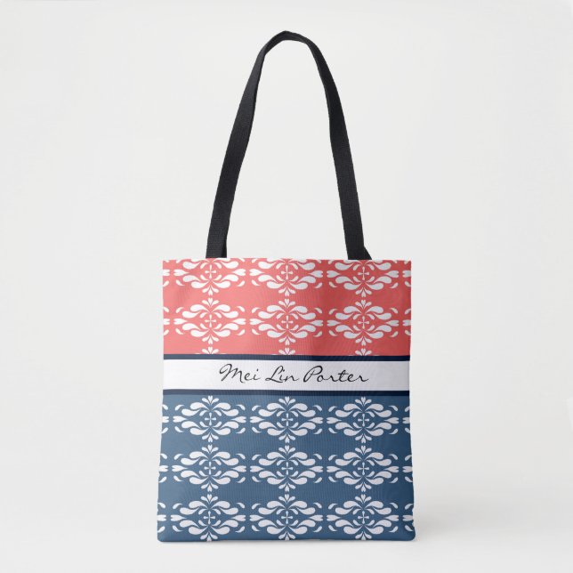 Coral and Blue Floral Tote Bag (Front)