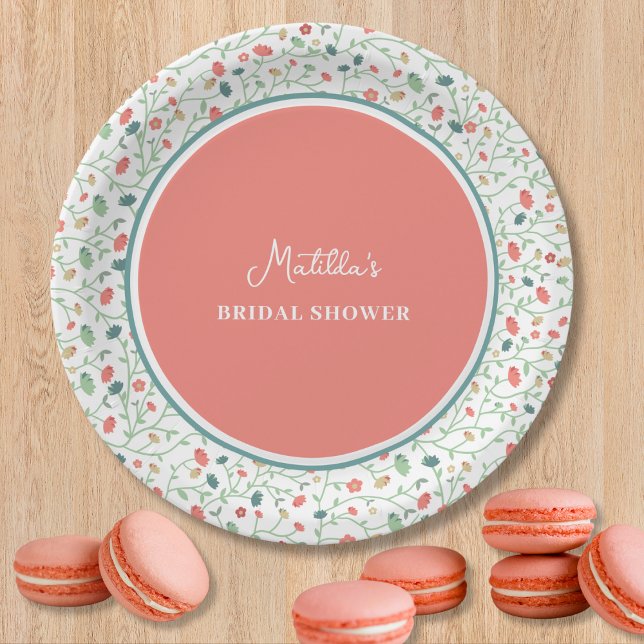 Coral and Blue Wildflowers  BRIDAL SHOWER Paper Plate (Creator Uploaded)