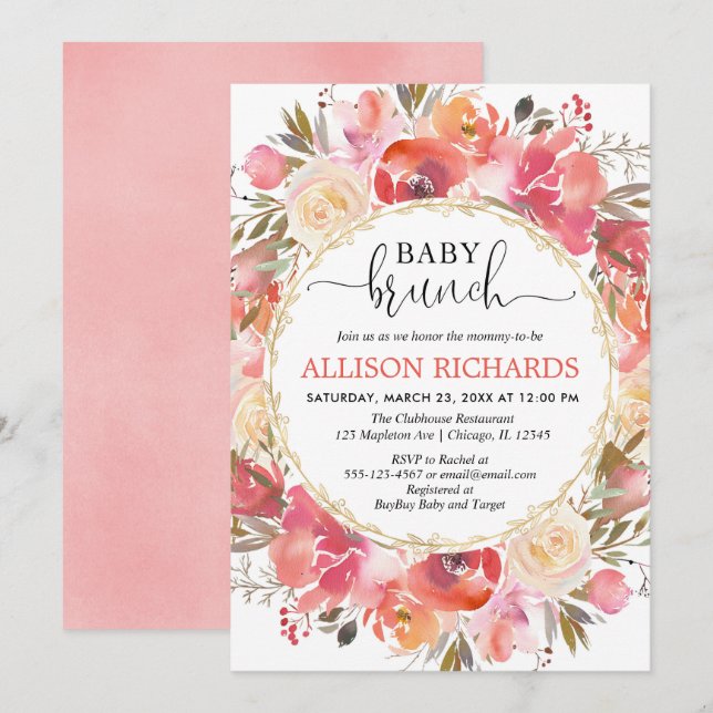 Coral and blush pink girl baby brunch shower invitation (Front/Back)