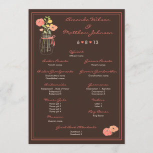 Coral and Brown Mason Jar Wedding Program Programme