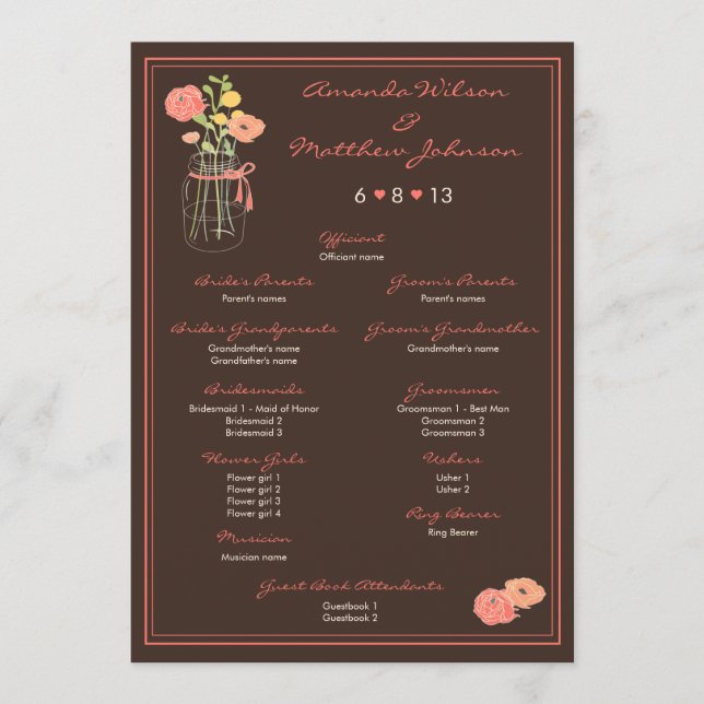 Coral and Brown Mason Jar Wedding Program Programme (Front)