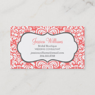 Coral and Charcoal Elegant Floral Damask Business Card