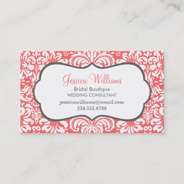 Coral and Charcoal Elegant Floral Damask Business Card (Front)