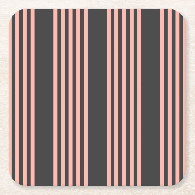 Coral and charcoal five stripe pattern square paper coaster (Front)