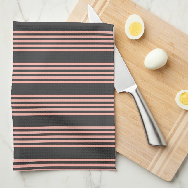 Coral and charcoal five stripe pattern tea towel (Quarter Fold)