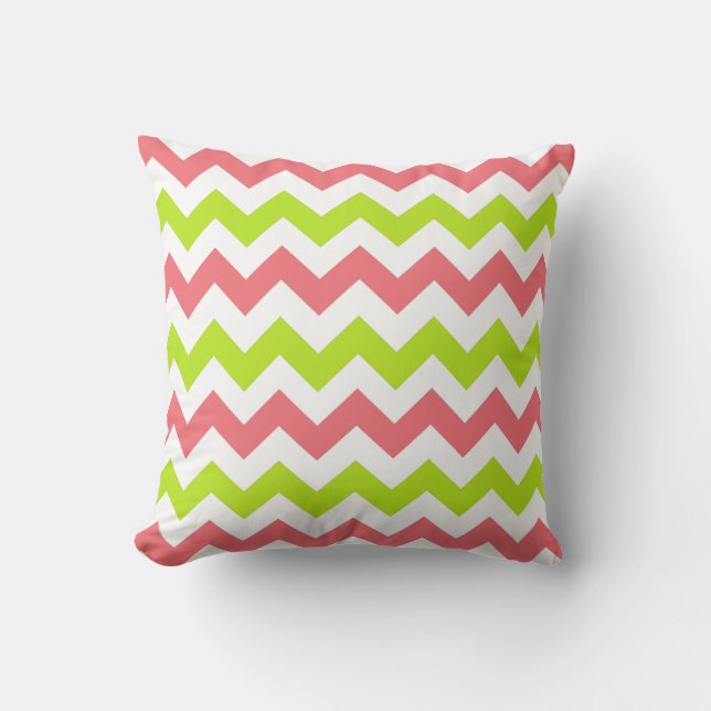 Coral and Chartreuse Chevron Zig Zag Pillow (Front)