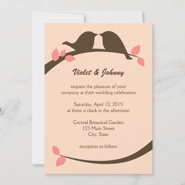 Coral and Chocolate Love Birds Wedding Invitations (Front)