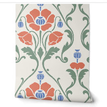 Coral and Cornflower Poppy Damask