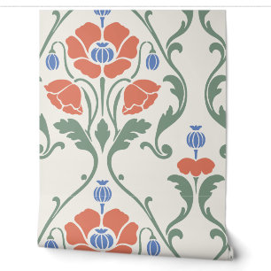 Coral and Cornflower Poppy Damask Wallpaper