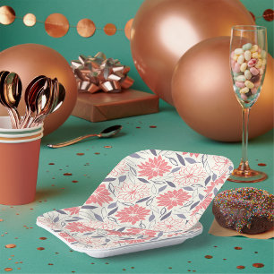 Coral and Cream Floral Pattern Vintage Dahlia  Paper Plate