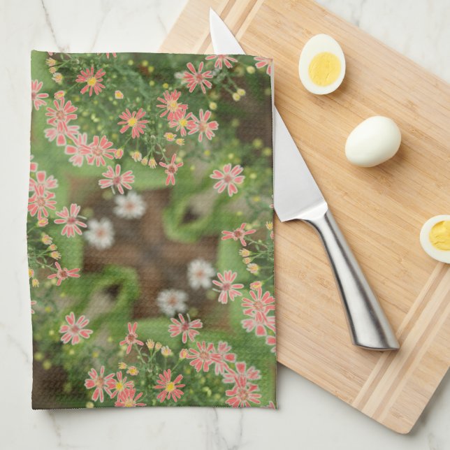 Coral and Dark Green Tea Towel (Quarter Fold)