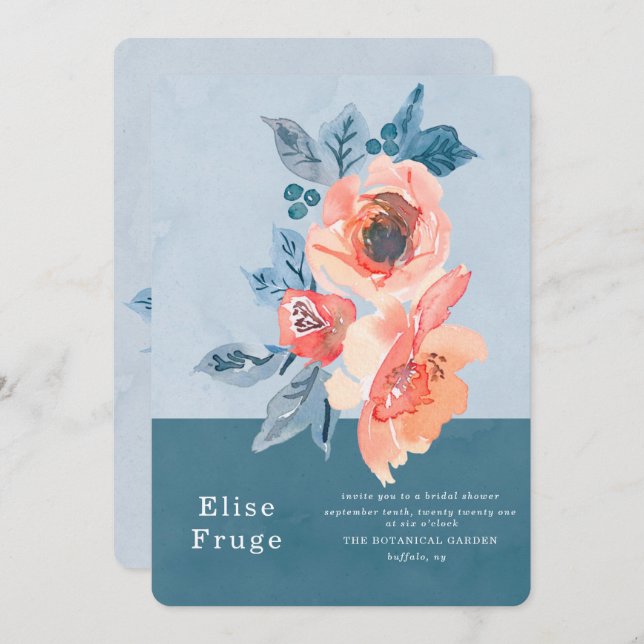 Coral and Dusty Blue Floral Boho Bridal Shower Invitation (Front/Back)