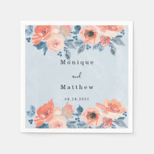 Coral and Dusty Blue Floral Boho Wedding Napkin