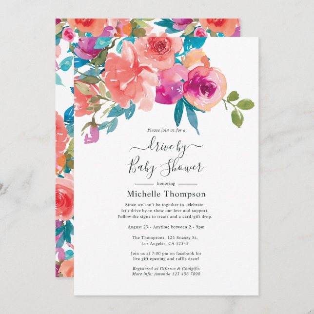 Coral and Fandango Floral Drive By Shower Invitation (Front/Back)