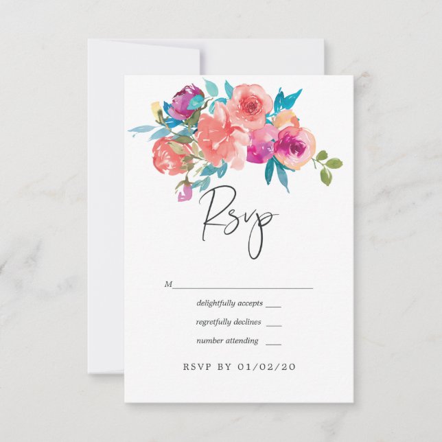 Coral and Fandango Floral Wedding RSVP Card (Front)