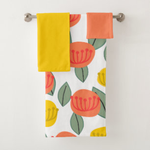 Coral and Gold Flowers Bath Towel Set