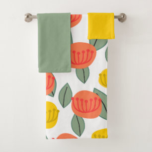 Coral and Gold Flowers  Bath Towel Set