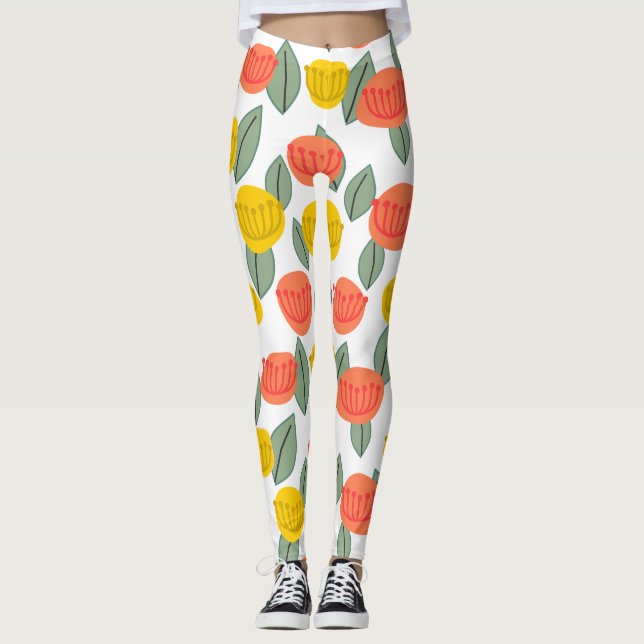 Coral and Gold Flowers Leggings (Front)